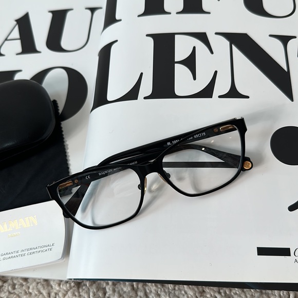 BALMAIN Black Frame Clear Lens Eyewear With Case Cloth & Authenticity Booklet